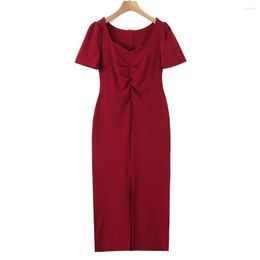 Plus Size Dresses Good Quality Women Clothes 2023 Summer French Square Collar Fold Front Slit One-Piece Oversized Curve N8645