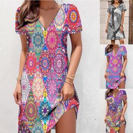 Casual Dresses 2023 Summer Pullover Short Sleeve Women's Dress Fashion Plus-size Loose V-neck Ladies Print Party