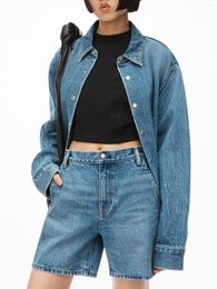 Women's Jackets Women Blue Single Breasted Denim Jacket Turn-Down Collar Straight Long Sleeve Cardigan Female Retro Casual Coat With Pocket