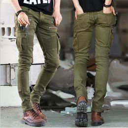 Army Biker Jeans Men Skinny Cargo Jeans with Side Pockets 2017 Mens Denim Pants Casual Slim Fit Zipper Motorcycle Homme289n