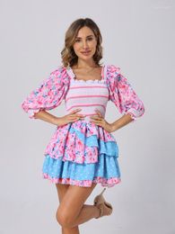 Casual Dresses 2023 Summer Mixed Floral Prints Ruffled Holiday Dress Square Neck Smocked Sexy Laides Mini