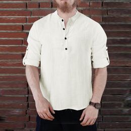 Men's Casual Shirts 2023 Autumn Cotton Linen Men Long Sleeve Loose Button V-neck Solid Colour Street Wear Blouse Tops Camisetas