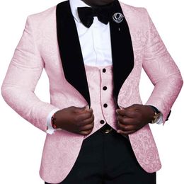 Pink Mens Suits 3 Pieces Floral Jacquard Black Shawl Lapel Groomsmen Tuxedos for Wedding Suits Men Blazer vest Pants217q