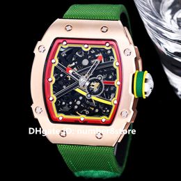 RM67-02 Automatic Winding Mens Watch 18K Rose Gold Skeleton Dial Swiss Tonneau Wristwatch Sapphire Crystal Sport Waterproof Sports Watches 14 Colours