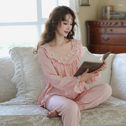 Women's Sleepwear Princess Nightwear Spring Women Cotton Square Collar Pajamas Sweet Lace Loungewear Sexy Skin Tops Pants Two Piece Sets