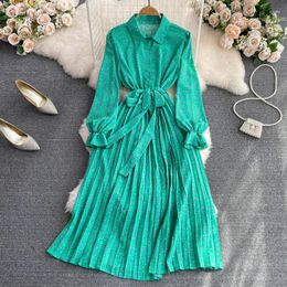 Casual Dresses Autumn Advanced Sense Fashion Turndown Collar Long Sleeve Single Row Button Cardigan Shirt Dress Elegant Flower Pleated