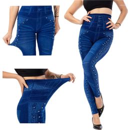 Women's Leggings High Waist Faux Denim Jean Women Slim Elastic Push Up Seamless Skinny Pencil Pant Workout Running Print Casual Female