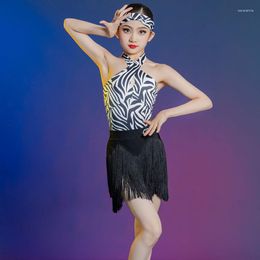 Stage Wear Latin Dance Clothes For Girls Halter Stripe Tops Tassel Skirt Kids Competition Outfit ChaCha Samba Rumba Dancing Costume VDB7044