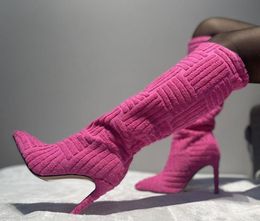 Sexy Damenstiefel im europäischen und amerikanischen Stil mit dicken Absätzen und hohen Absätzen, spitze, dünne Stiefel aus Handtuchstoff