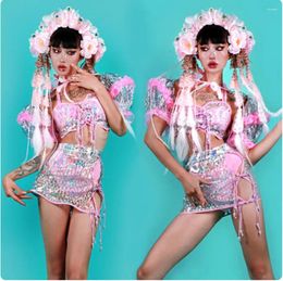 Stage Wear Sexy Transparent Gogo Dance Clothing Headwear Pink Bikini Puff Sleeve Jazz Costume Women Party Festival Outfit