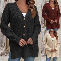 Women's Knits Women Side Slit Knit Coat Cardigans Outwear Casual Solid Deep V Neck Spring Fall Cardigan Tops Daily Outfit