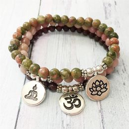 MG0481 High Quality 6 mm Natural Stone Yoga Bracelet Handmade Unakite Lotus Charm Bracelet Garnet Rhodonite Bracelet for Women2928