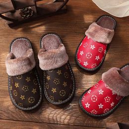 Slippers Unisex Pu Leather Printed Plush Cotton Slipper Women Indoor House Shoes Flat Cozy Home Winter Warm Flops Drop Delivery Acces Dhvwe