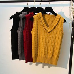 Women's Sweaters ! High Quality Spring Autumn Cashmere Sweater Vest Women Knitted Ruffles Splice Tank Top Female Sleeveless Knit Pullovers