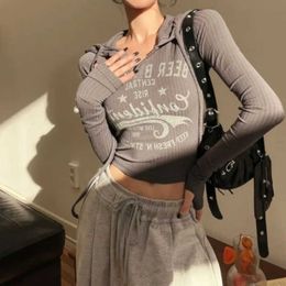 Deeptown Y2k Vintage Letter Crop Top Women Harajuku Kpop Slim Grey Long Sleeve Tshirts Female American Streetwear Drawstring Tee