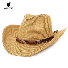 Wide Brim Hats Bucket GEMVIE Western Cowboy Hat Sun For Men Cowgirl Summer Women Lady Straw With Alloy Feather Beads Beach Cap Panama 230907