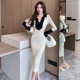 Casual Dresses Korean Women Knitted Midi Dress Long Sleeve V Neck Elastic Slim Pencil Autumn Sexy Bodycon Patchwork Sweater T227