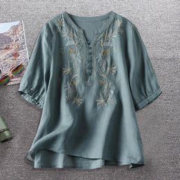 Women's Blouses Women Retro Embroidered Flower Trim Blouse Half Sleeve Loose Fit V-neck Buttons Decor Thin Shirt Tops Shirts And