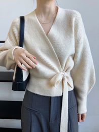 Women s Sweaters Knitted Cardigan Women Sweater V Neck Lace up Irregular Clothes Fashion Autumn Winter 2023 Casual Korean Chic Designer 230906