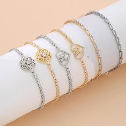 Strand Stretch Tennis Bracelet With Clover Charm Luxury Gold Plate Couple Heart Iced Out Zirconia Thin Pulsera Jewerly Gifts