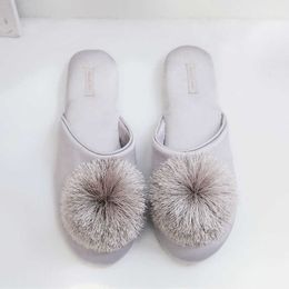 Slippers High Quality Elegant Silk Fringe Ball Pink Comfortable Home Slippers Breathable Indoor Mute Non-slip Home Slippers Women X0905