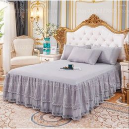 Bed Skirt Princess Wind 3 Layers Lace Ruffled Bedroom Cover Non-Slip Mattress Bedsheet Bedspread