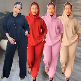 Women's Two Piece Pants Spring Summer Hooded 3/4 Sleeve Loose Trousers Two-piece Set Casual Soild Tracksuit Women Fashion Sets