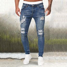 Men's Jeans For Men Fall Tight Buttocks Ripped Water Washed Stretch Slim Pencil Denim Pants Man Streetwear Slacks