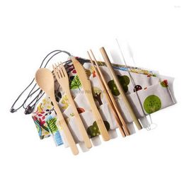 Dinnerware Sets DHL 200set 7pcs/set Wooden Flatware Cutlery Set Bamboo Straw With Cloth Bag
