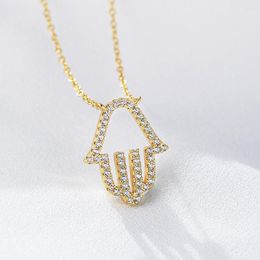 Chains S925 Sterling Silver Micro Inlaid Zircon Rhinestone Hollow Palm Pendant Necklace Female Product