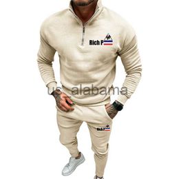 Men's Tracksuits 2023 Winter Men's Casual Plush Solid Colour Long Sleeved Half Zippered Top And Pants Printed High-End Product Two-Piece Set x0907