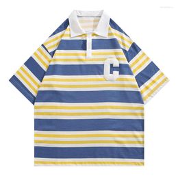 Men's Polos BOYUE Silk Jump Summer Loose Leisure Stripe Polo Shirt Boys' Hong Kong Fashion Brand Ins Top Short Sleeve Teenagers