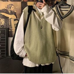 Men's Vests Sweater Vest Men V-neck Loose All-match Contrast Korean Style Colleges Spring Soft Fashion Knitted Design A27