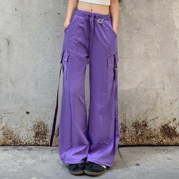 Women's Pants Women Wide Leg Y2k Style Ladies Purple Cargo Casual Summer With Pockets High Waist Vintage Streetwear Suit
