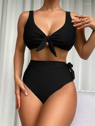 Women's Swimwear Tie Bow Sexy Bikini Set Solid High Waist Women Beachwear Ruched Slim Push Up Suit Summer Female