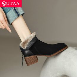 Boots QUTAA 2024 Women Ankle Genuine Leather Thick Med Heels Office Lady Casual Woman Autumn Winter Warm Shoes Size 3439 230907
