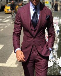 Men's Suits Burgundy Notch Lapel Blazer Trousers Set Custom Made Fashion Casual 3Pc Slim Fit Jacket Vest Pants Party Wear