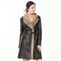 Women's Leather Designer Brand Genuine 2024 Winter Long Down Jacket Fashion Slim Fit Collar Outwear Size 3XL