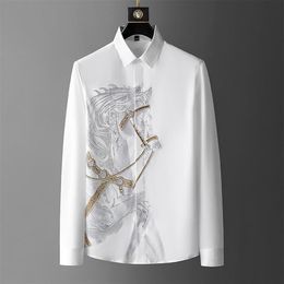 Men's Casual Shirts Rhinestones Mens Luxury Top Diamond Men's Shirt Long Mouw Slim Black Animal Horse Social Camisa Hombr2406