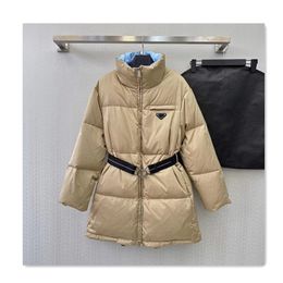 Fashion women designer down jacket womens jacket triangle logo back zipper stand up collar waist collection mid length parkas women winter warmth simple coat