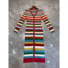 Casual Dresses Women's Knitted V-neck Breasted Dress Long Slim Fitting High-end Feeling Tight Stripe Letter Embroidered