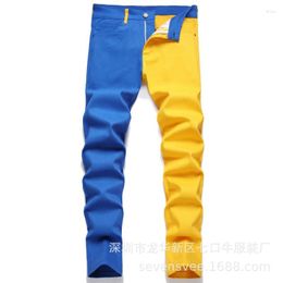 Men's Jeans Slim Fit Small Foot Spliced Bi-color European And American Straight Leg Blue Yellow Green Red