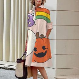 Casual Dresses Autumn Knit Halloween Funny Cute Pumpkin Head Print Polo Dress Woman Plus Size Knee-length Loose Straight Female