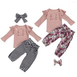 Clothing Sets 2023 Autumn Born Baby Girls Set Ruffle Long Sleeve Knitted Top Floral Striped Pants Headband 0-2T Toddler Clothes