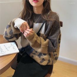 Women's Sweaters Lazy Leopard Print Contrast Long-sleeved Sweater Thick Coat Round Neck Pullover Woman