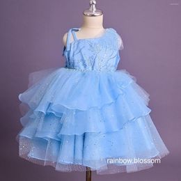 Girl Dresses Sky Blue Ball Gown Flower Tiered Sequins Children Birthday Party Gowns With Bows Luxury Beads Wedding Guest