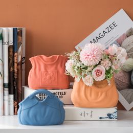 Vases Frosted Wide Mouth Handbag Ceramic Vase Decoration Simple European Retro Large Matte White Orange Red Blue 230907