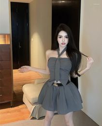 Work Dresses Sweet And Cool Girl Suit Women's Summer Grey Strapless Vest Top High Waist Short Skirt Two-piece Set Fashion Female Clothes