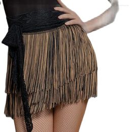 Stage Wear Latin Dance Skirt High Waist Elegant With Tassel Trim Women Mini Side Knot Tango Training Girl Activewear