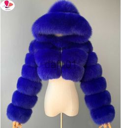 Women's Fur Faux Fur Fashion Hooded Faux Fur Coat Women 2023 Winter Warm 8XL Blue Furry Overcoat Elegant H Crop Jacket Femme x0907
